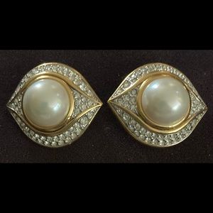 NINA RICCI Gold, Pearl & Crystal, Evil Eye, Clip-On Earrings